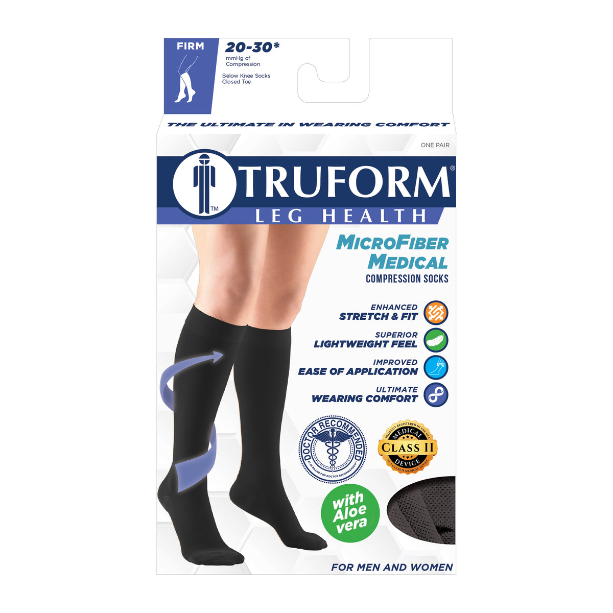 Truform 20-30 mmHg Medical Compression Stockings, Aloe Infused Microfiber, Knee High, Closed Toe