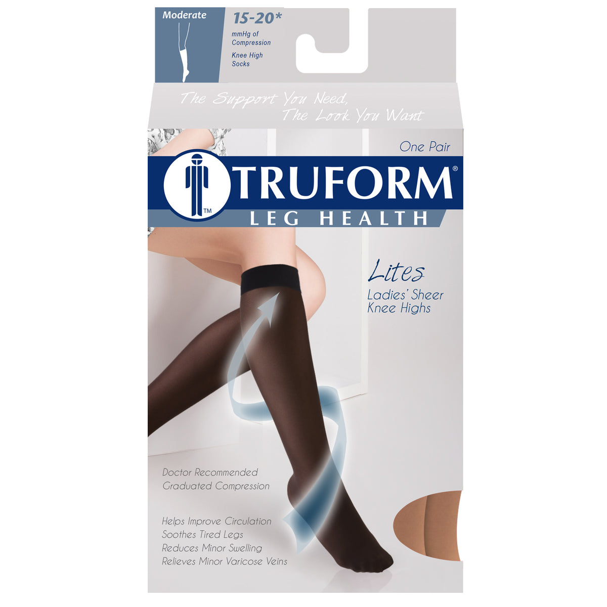 Truform Sheer Compression Stockings, 15-20 mmHg, Women's Knee High Length, 20 Denier