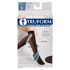 Truform Sheer Compression Stockings, 15-20 mmHg, Women's Knee High Length, Open Toe, 20 Denier
