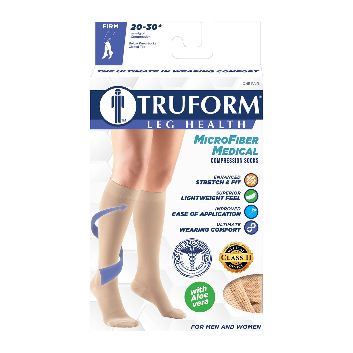 Truform 20-30 mmHg Medical Compression Stockings, Aloe Infused Microfiber, Knee High, Closed Toe