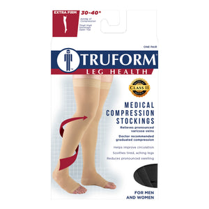 Truform 30-40 mmHg Compression Stockings for Men and Women, Thigh High Length, Dot-Top, Open Toe