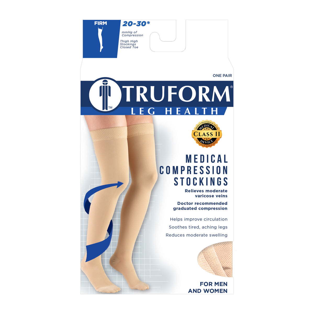 Truform 20-30 mmHg Compression Stockings for Men and Women, Thigh High Length, Dot Top, Closed Toe