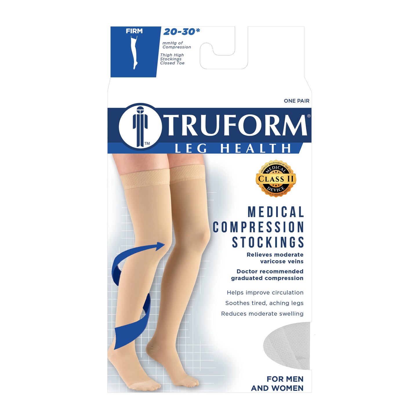 Truform 20-30 mmHg Compression Stockings for Men and Women, Thigh High Length, Dot Top, Closed Toe