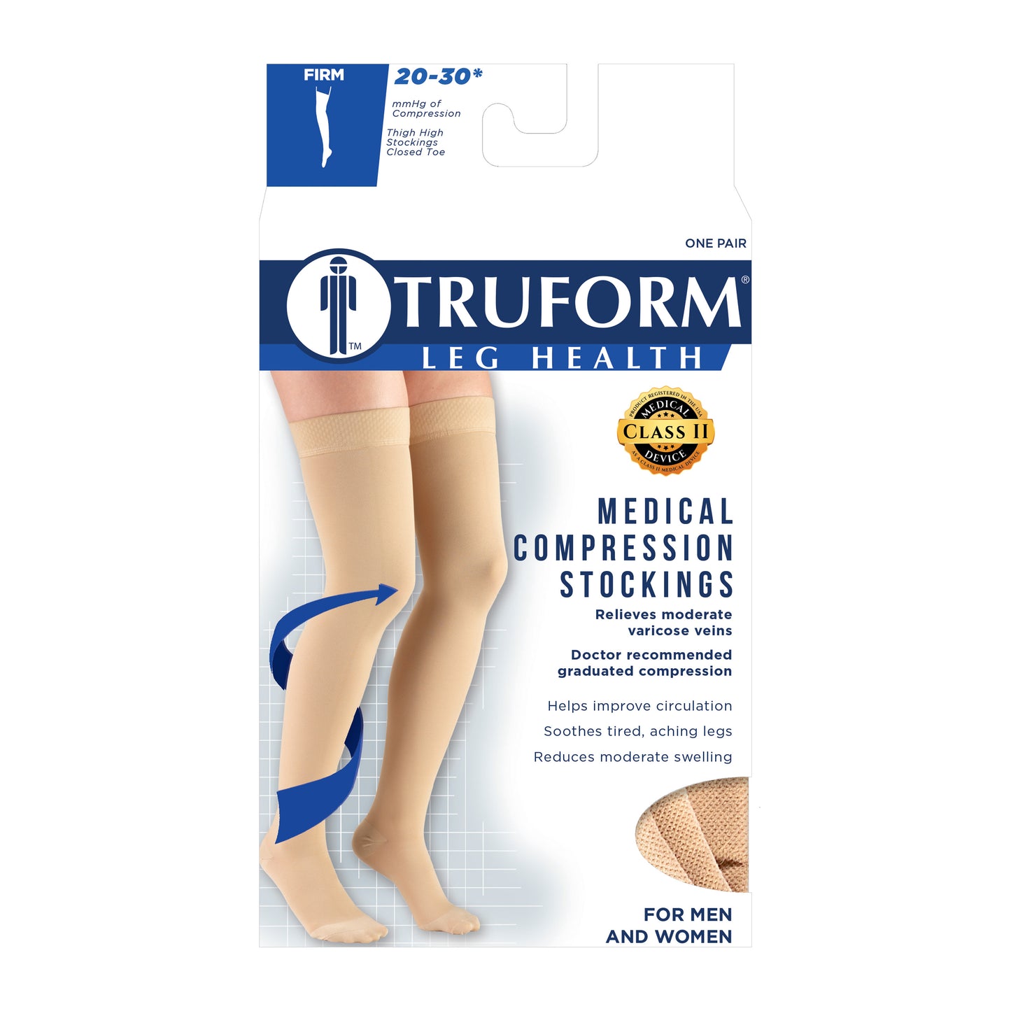 Truform 20-30 mmHg Compression Stockings for Men and Women, Thigh High Length, Dot Top, Closed Toe