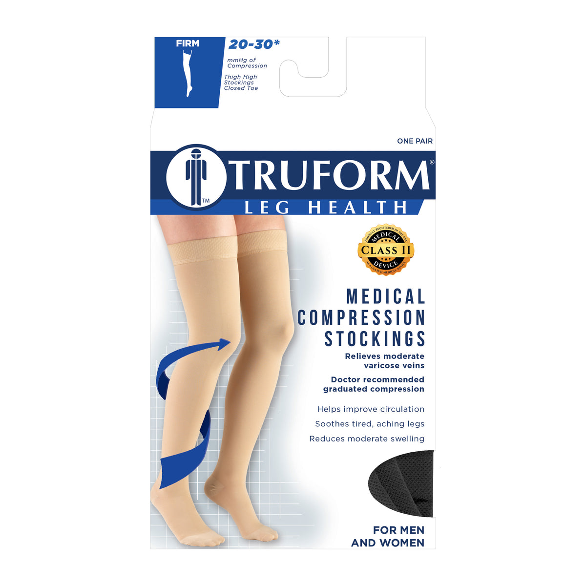Truform 20-30 mmHg Compression Stockings for Men and Women, Thigh High Length, Dot Top, Closed Toe