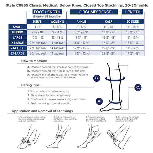 Truform C8865 Classic Knee High Compression Stockings, Closed Toe, Soft Top, 20-30 mmHg