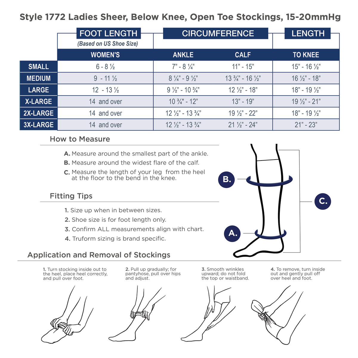 Truform Sheer Compression Stockings, 15-20 mmHg, Women's Knee High Length, Open Toe, 20 Denier