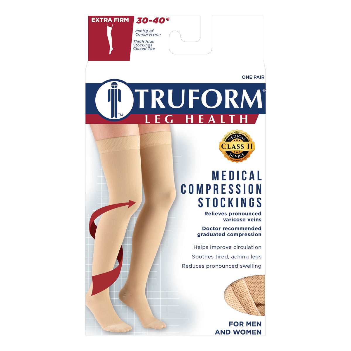 Truform 30-40 mmHg Compression Stockings for Men and Women, Thigh High Length, Dot-Top, Closed Toe