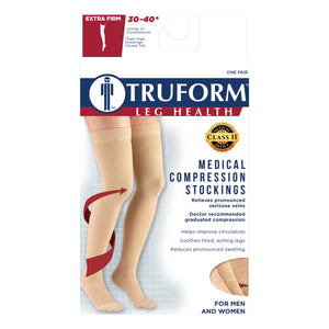 Truform 30-40 mmHg Compression Stockings for Men and Women, Thigh High Length, Dot-Top, Closed Toe