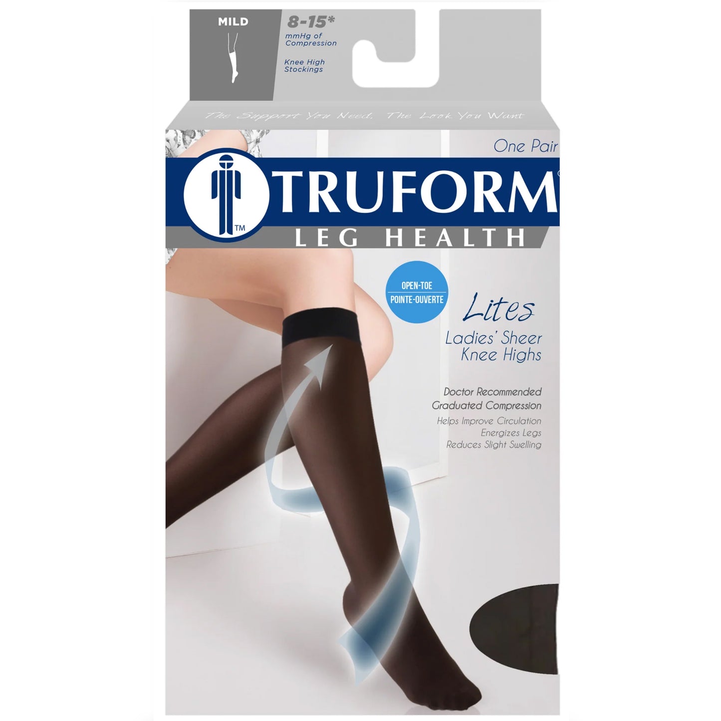 Truform Sheer Compression Stockings, 8-15 mmHg, Women's Open Toe, Knee High Length, 20 Denier