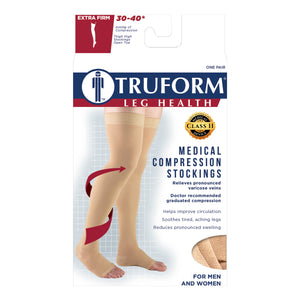 Truform 30-40 mmHg Compression Stockings for Men and Women, Thigh High Length, Dot-Top, Open Toe