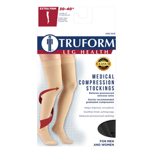 Truform 30-40 mmHg Compression Stockings for Men and Women, Thigh High Length, Dot-Top, Closed Toe