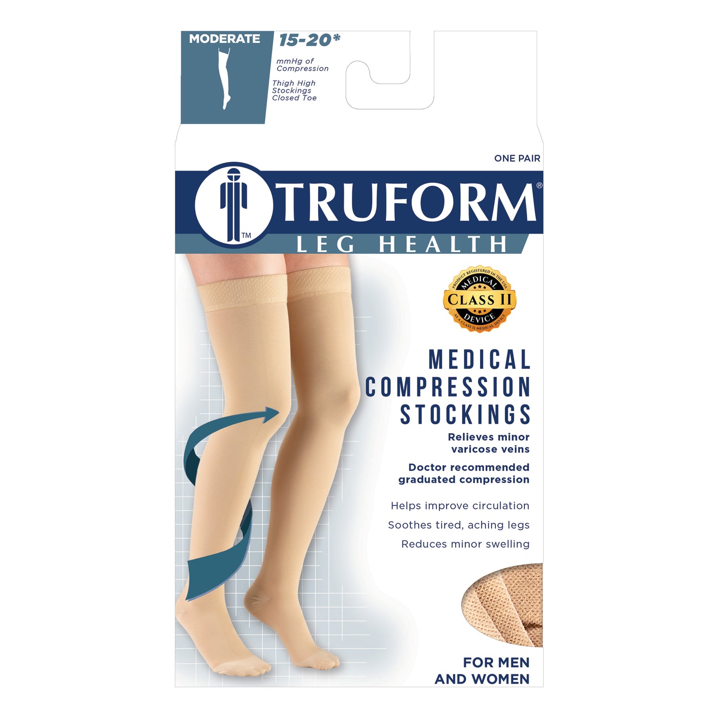 Truform 15-20 mmHg Compression Stockings for Men and Women, Thigh High Length, Dot Top, Closed Toe