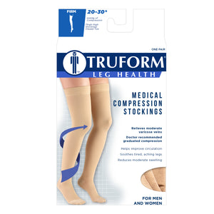 Truform 20-30 mmHg Compression Stockings for Men and Women, Thigh High Length, Dot Top, Closed Toe