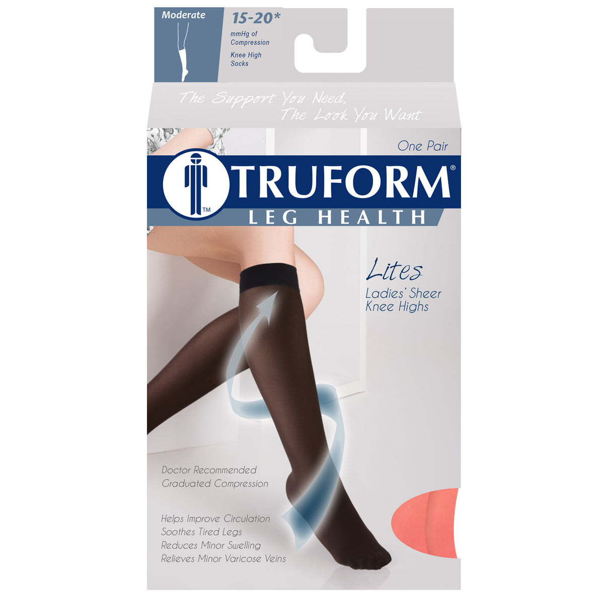 Truform Sheer Compression Stockings, 15-20 mmHg, Women's Knee High Length, 20 Denier